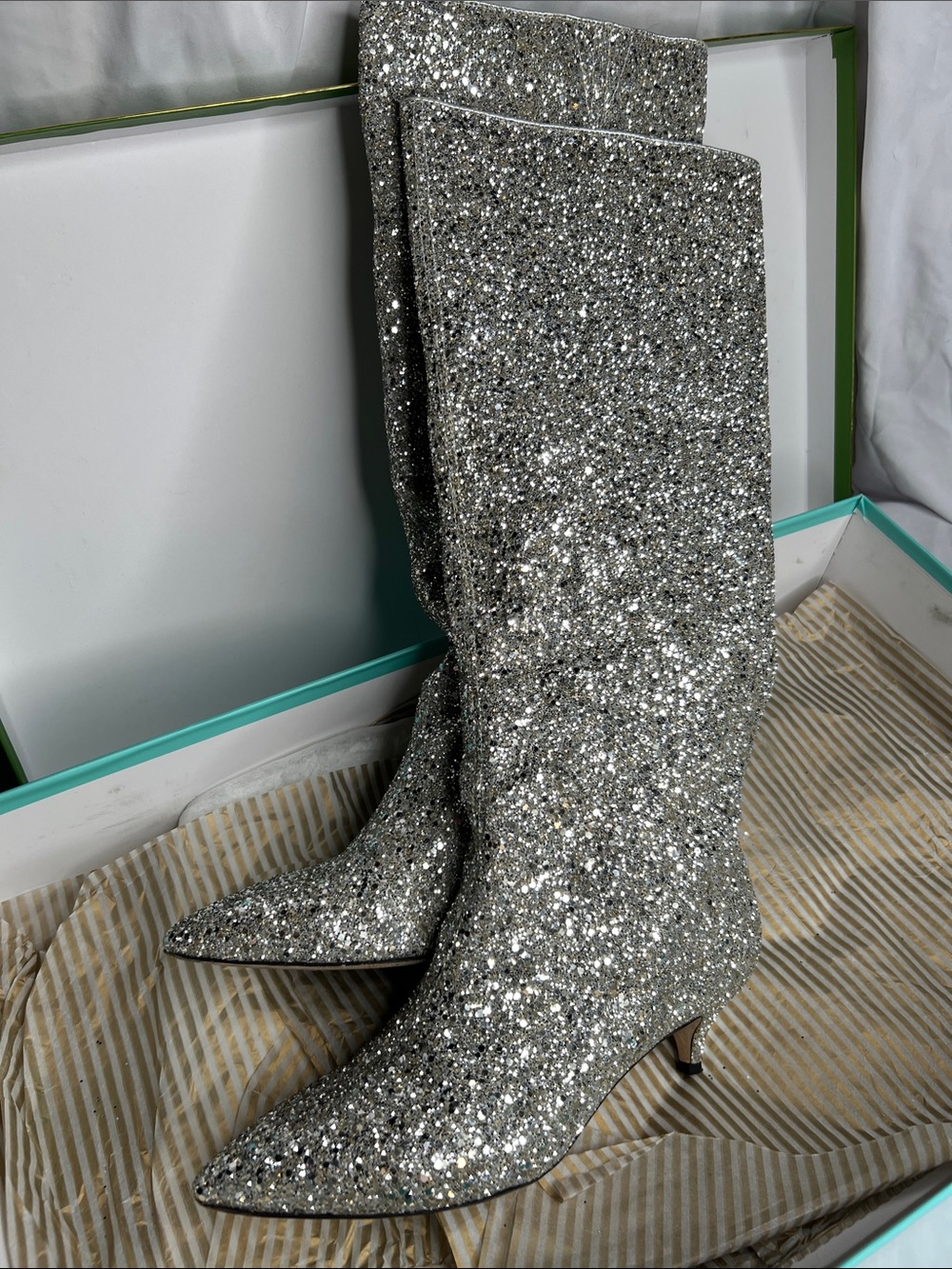 Kate Spade Olina Silver Glitter Tall Boots Kitten Heels In Box 8.5 - Picture 16 of 17